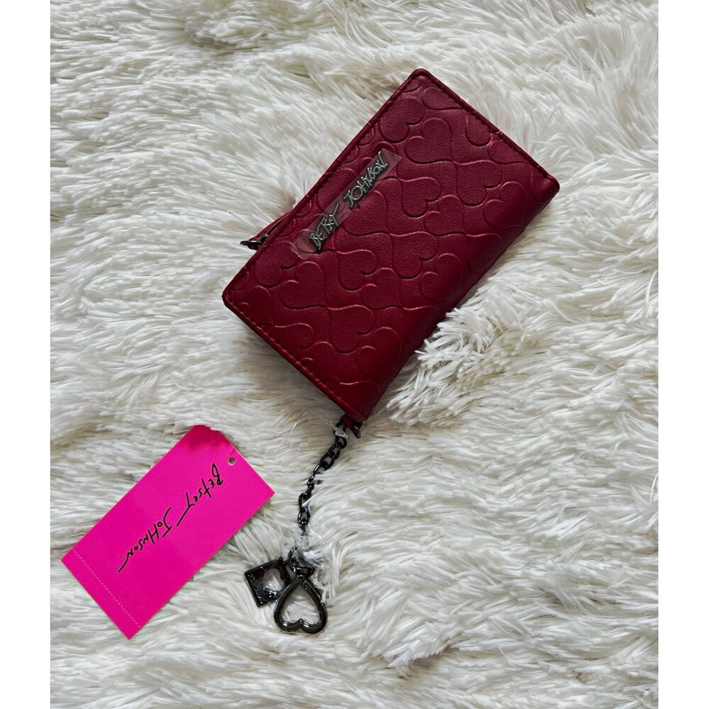 Betsey Johnson Red Hearts Zip-Around Wallet w/ Chain & Heart Charm, Folding